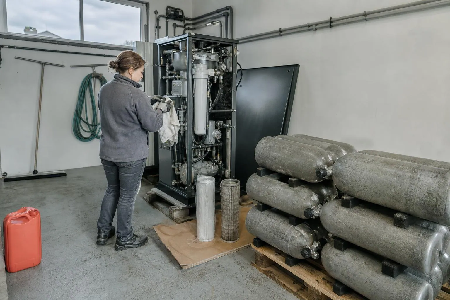 En novembre, dans un local technique, des blocs de plongée sont couchés sur des palettes pendant qu’un compresseur ouvert laisse voir sa cartouche filtrante déposée.