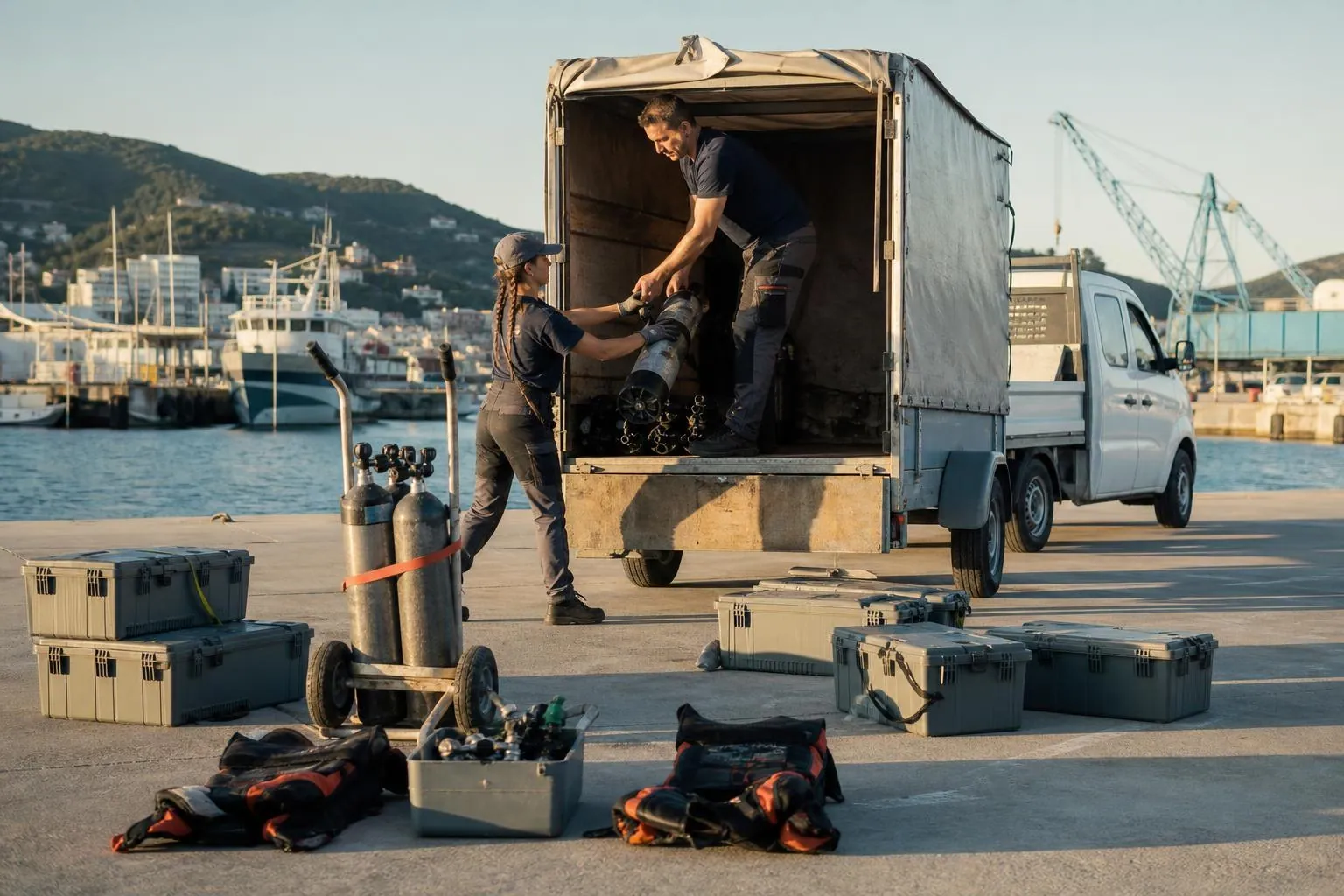 Sur un quai, deux personnes chargent des blocs de plongée sanglés dans une remorque bâchée pour les transférer vers une autre base.