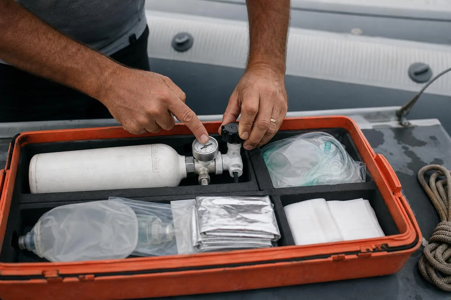 Sur le pont d’un semi rigide, les mains d’un moniteur vérifient le manomètre d’une bouteille d’oxygène de secours dans une caisse ouverte.
