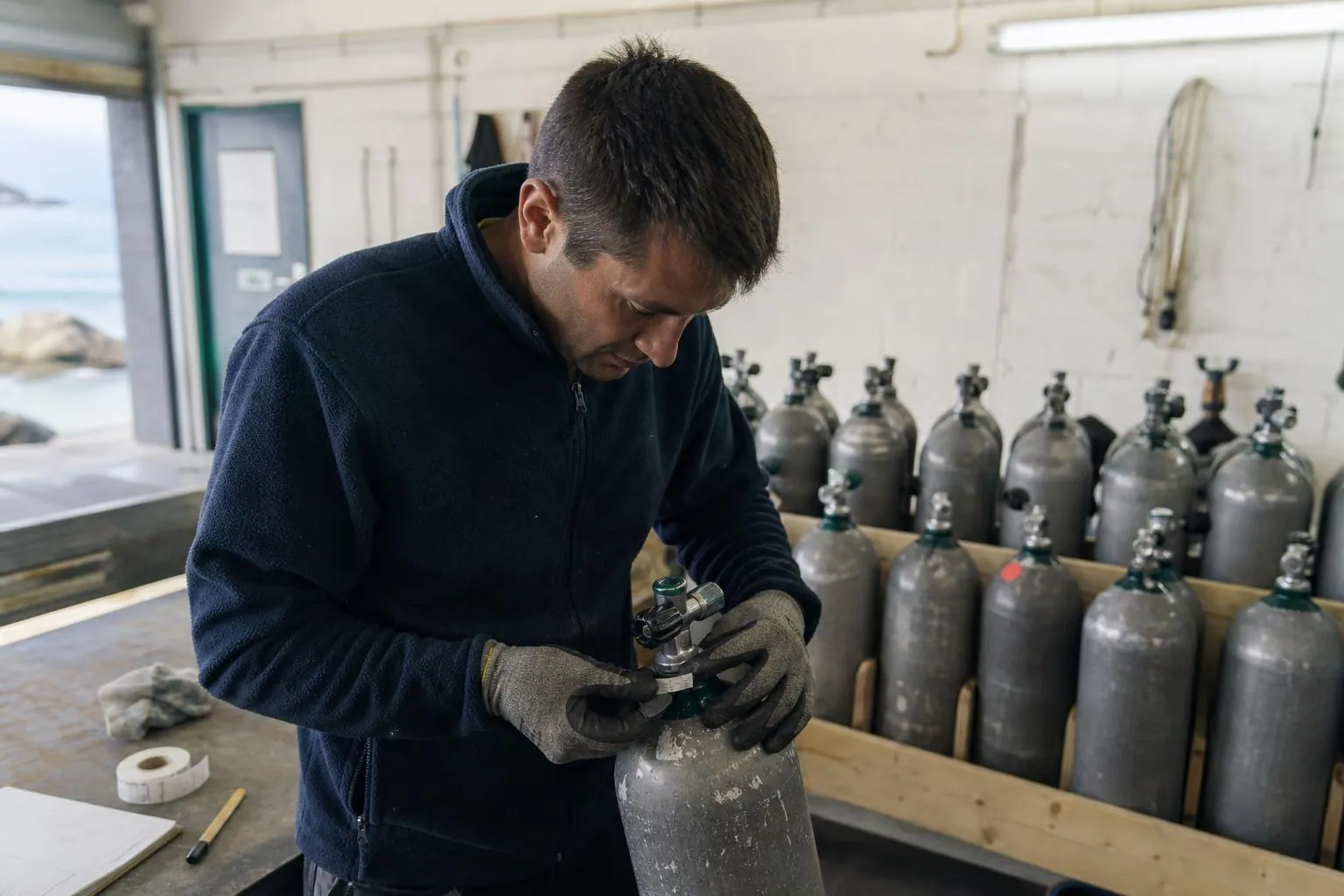 Dans le local technique d’un centre de plongée, un homme pose une étiquette numérotée sur le col d’un bloc acier rangé dans un râtelier en bois.