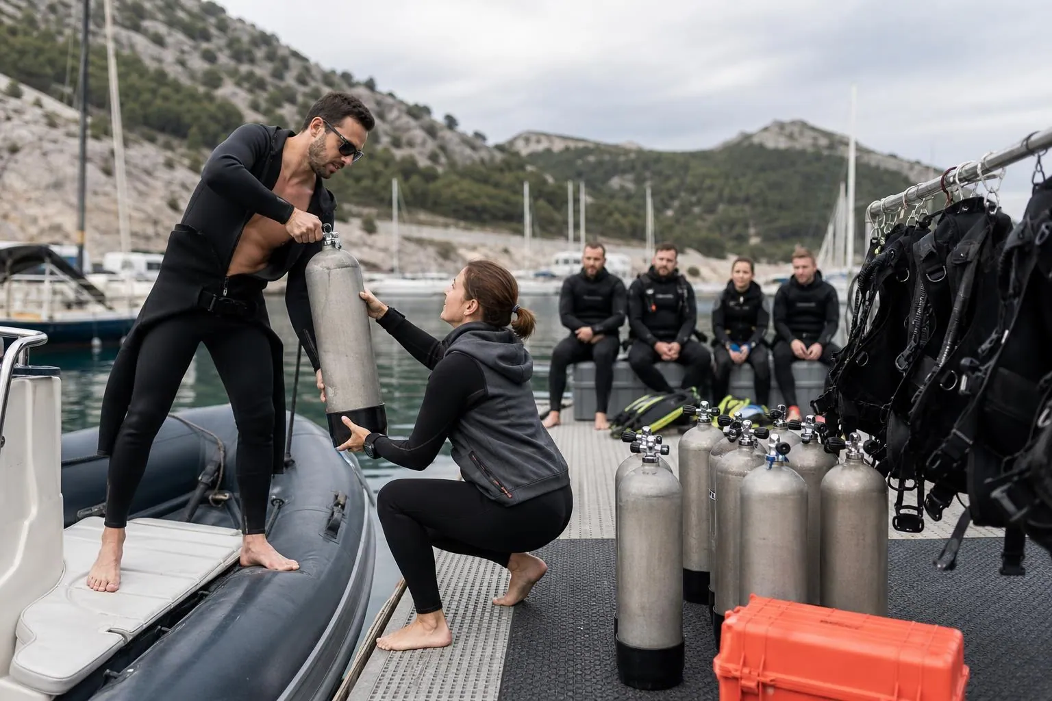Sur un ponton, un moniteur en combinaison redescend un bloc de plongée depuis un semi rigide vers le quai pendant que des plongeurs attendent à l’écart.