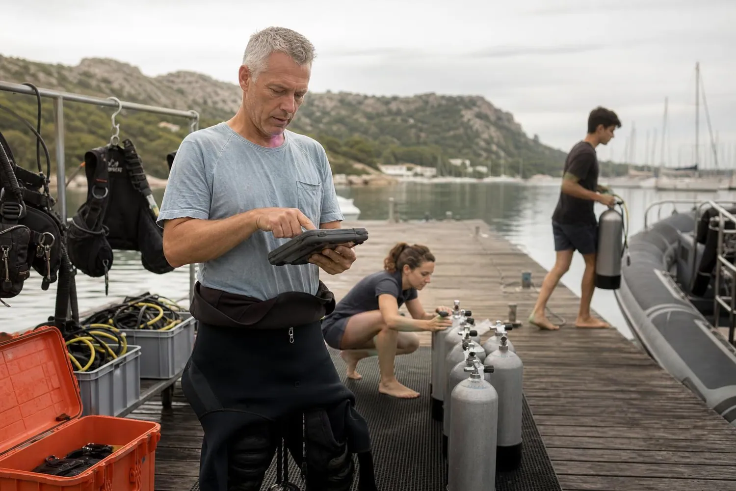 Sur un ponton en bois au petit matin, trois moniteurs de plongée en combinaison préparent des blocs alignés avant l’embarquement, un homme vérifie une liste sur une tablette